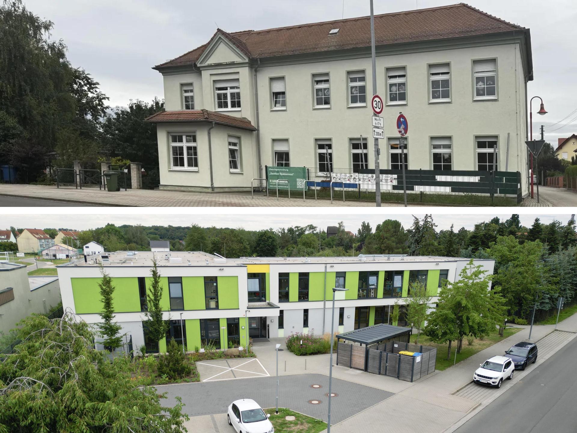 Die Kita Dewitzer Spatzennest (oben) soll im Januar 2026 in das Gebäude der Kita Kükennest (unten) ziehen. Das Haus soll künftig Kita Spatzennest heißen und von der Volkssolidarität geleitet werden. (Foto: Daniel Große)