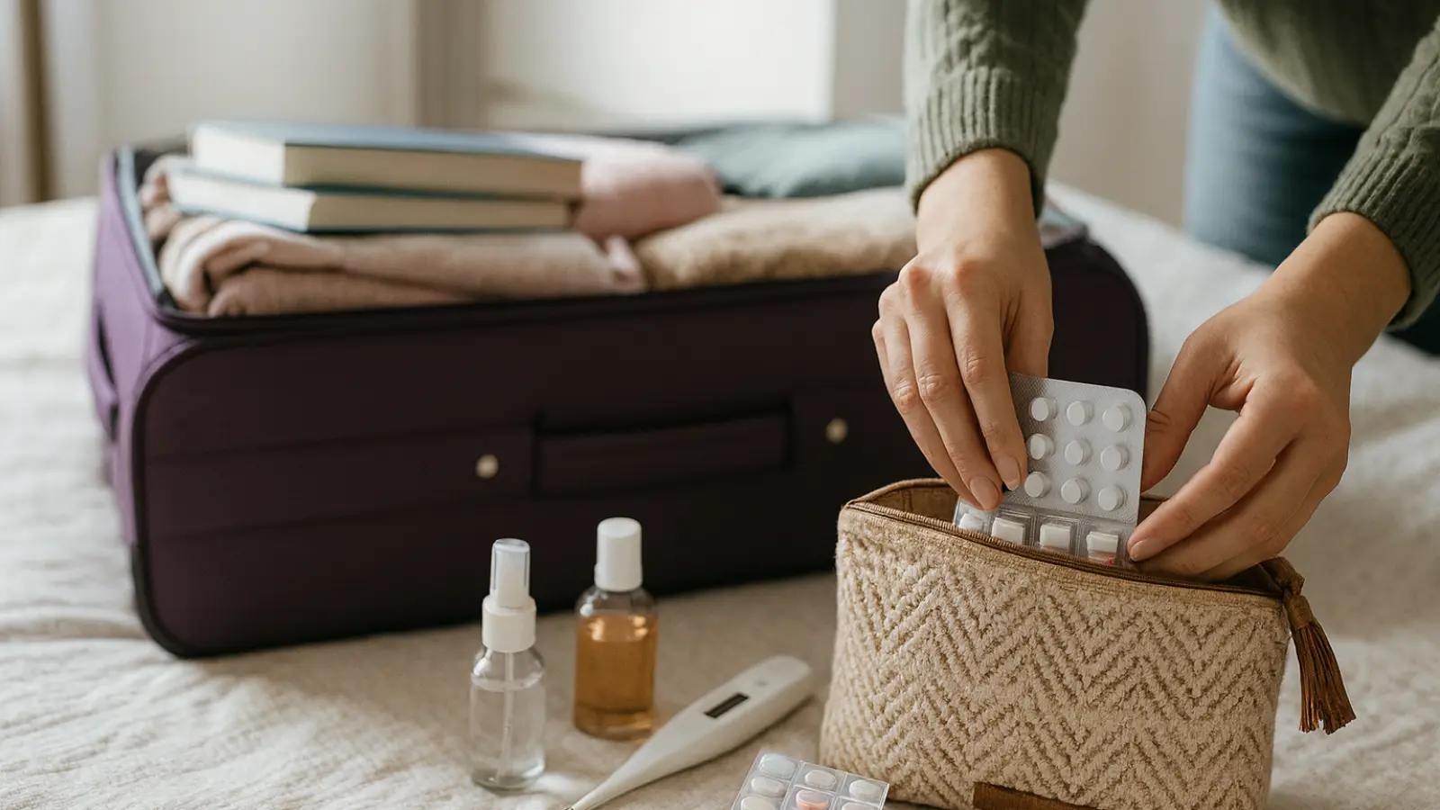 Die Reiseapotheke gehört ins Handgepäck, vor allem wenn sie Medikamente enthält, die schnell gebraucht werden. (Foto: Servicethemen (KI-generiert))